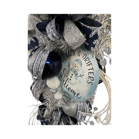 Luxe Winter Midnight Navy Blue Gray Silver Winter Teardrop Swag Wreath - Picture 5 of 5